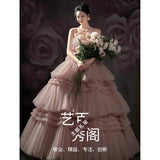 2025Temperament Girl Studio Theme Wedding Photography Outdoor Photo Dress Pink White Color Yarn Travel Photography Light Wedding Dress
