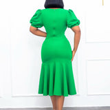 2025 D260  popular spring and summer new fashion temperament OL commuter solid color hip-wrapped ruffle African dress