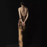 2025 New Chinese Zen national style camellia printing and dyeing open-back Buddha beads hanging neck slim-fitting improved cheongsam suspender dress women