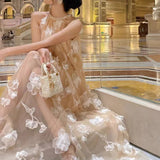 2025 sleeveless neck off-the-shoulder dress women's summer design sense gentle temperament three-dimensional flower dress