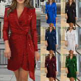 2025 new 2025 independent station women's fashionable and sexy waist multi-color sequined suit collar lace-up dress