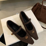 2025 light mouth thick heel single shoes women's 2025 new velvet one-word buckle Mary Jane shoes medium heel fluffy shoes