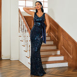 2025 new temperament sleeveless V-neck long sequined banquet fishtail evening dress bridesmaid dress women