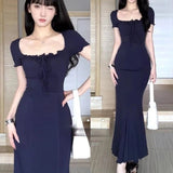 Summer Hot Girl Blue Square Collar Short Sleeve Dress Women's Small Slim Fit Sexy Pure Want to Waist A- line Long Skirt