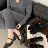 2025 light mouth thick heel single shoes women's 2025 new velvet one-word buckle Mary Jane shoes medium heel fluffy shoes
