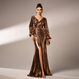 2025 new temperament V-neck long-sleeved long bronzing banquet hip-wrapped evening dress bridesmaid dress women