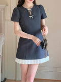2025 Thousand gold wind bow short-sleeved dress women's summer new high-end temperament waist and thin skirt