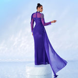 2025 long-sleeved crew neck sexy long hot diamond mesh banquet fishtail evening dress bridesmaid dress women