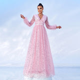 2025 high-end temperament long-sleeved V-neck long sequined banquet big pendulum evening dress bridesmaid dress women