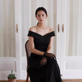 2025 Temperament simple light wedding dress black shoulder  dress thin slim wedding dress toast clothes wholesale