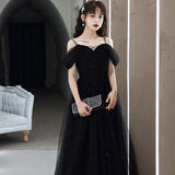 Banquet evening dress women's 2025 spring new student bar mitzvah host long one-word shoulder suspender dress skirt