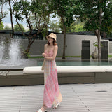 2025 Dopamine Island wears a sling neck plaid color matching dress, Sanya, Thailand photo skirt, seaside vacation