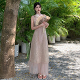 2025 Seaside vacation travel wear new Chinese atmosphere mesh stitching super fairy lace neck dress temperament
