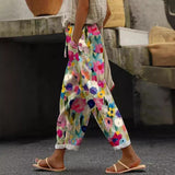 Spring New Women's Casual Printed Elastic Waist with Pockets Cropped Straight Pants