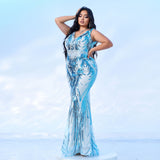 2025 Popular trade  fat mm large size women's clothing long sleeveless V-neck banquet slim sequined evening dress dress