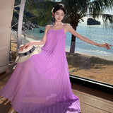 2025 Go to the seaside to travel and take pictures, wear clothes, women's summer temperament, purple pleated elegant suspender long skirt, Sanya beach skirt