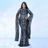 2025 Popular trade Popular,  and the United States fat mm large size women's clothing long-sleeved round neck banquet sequined fishtail evening dress dress