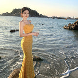 2025 Pure desire sexy slim dress long dress seaside vacation photo style lace jacquard fishtail dress dress
