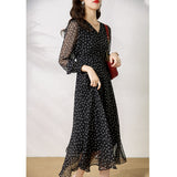 2025 Polka dot mulberry silk skirt  summer new V-neck long sleeves, medium and long silk dress temperament women's clothing