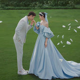 2025 Tube top light wedding dress 2025 new blue bride wedding photo temperament dress sexy banquet hosting photo