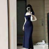 Summer Hot Girl Blue Square Collar Short Sleeve Dress Women's Small Slim Fit Sexy Pure Want to Waist A- line Long Skirt