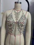 2025 Q5092Y  vest multiple punk fringed chain neck pearl top small vest body chain chest chain