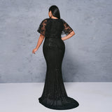 2025 Popular trade Popular,  and the United States fat mm large size women's clothing long short-sleeved round neck banquet sequined big swing evening dress dress