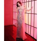Shoulder sequined evening dress skirt women haute couture design sense style light luxury niche host banquet temperament party flash spring