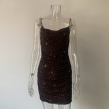 Hot Girl  Europe and America Cross Border Spring/Summer New Sexy Glitter Bag Hip Mini Deep V Strap Dress