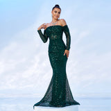 2025 new temperament one-word collar long-sleeved long sequined banquet fishtail evening dress bridesmaid dress dress