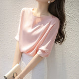 2025 Pink heavy mulberry silk T-shirt, design sense niche short-sleeved shirt women's summer silk top half-sleeved shirt