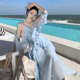 2025 Beautiful dopamine island vacation dress women's blue seaside super fairy beach dress photo elegant suspender dress