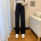 2024 New Korean Style Retro White Jeans Women's Loose Straight Dad Trousers Slim All-Match Wide Leg Pants