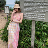 2025 Dopamine Island wears a sling neck plaid color matching dress, Sanya, Thailand photo skirt, seaside vacation