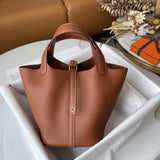 NAMCOVERSE Imported TC Cowhide Hand-Stitched Wax Line Vegetable Basket Women's Bag First Layer Litchi Pattern Genuine Leather Portable Bucket Bags Women's