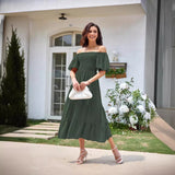 NAMCOVERSE Summer European and American Foreign Trade Cross-Border Women's Clothing  Square Collar Backless Puff Sleeve Pleated Short Sleeves Dress