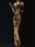 2025 New Chinese Zen national style camellia printing and dyeing open-back Buddha beads hanging neck slim-fitting improved cheongsam suspender dress women