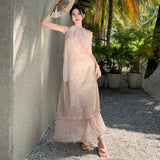 2025 Seaside vacation travel wear new Chinese atmosphere mesh stitching super fairy lace neck dress temperament