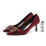 2025 775-9 square buckle rhinestone banquet red wedding shoes women's pointed head stiletto silk high heels bride bridesmaid Xiuhe shoes