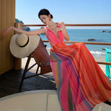 2025 Dopamine Island wears a rainbow striped dress, beautiful seaside beach dress, super beautiful holiday style skirt