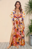 European and American Hot Trade  New Summer Women's New Batwing Sleeve V-neck Printed Beach Dress Sexy Dress