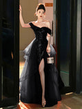 One-word shoulder black dress women's 2025 new spring high-end annual meeting host art test banquet light luxury evening dress