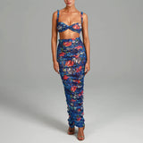 2025 New  summer hot-selling new fashionable and sexy printing suspender backless pleated long dress set