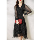 2025 Polka dot mulberry silk skirt  summer new V-neck long sleeves, medium and long silk dress temperament women's clothing