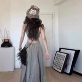 2025 popular summer V-neck niche high-end waist hollow large skirt dress women's floor-mopping dress