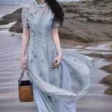 2025 popular summer temperament stacking new Chinese style improved cheongsam two-piece set retro waist long set