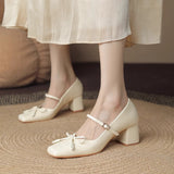 2025 Temperament fairy style bow square head Mary Jane shoes women's popular new spring light mouth thick heel high heels