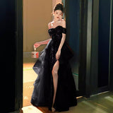 One-word shoulder black dress women's 2025 new spring high-end annual meeting host art test banquet light luxury evening dress