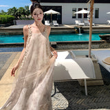 2025 New Chinese-style fake two-piece streamer smudged mesh backless suspender dress women's morning robe vacation style seaside long skirt