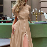 NAMCOVERSE Summer  Cross-Border European and American New Pure Color Elegant Slim High Waist Cardigan Button Mid-Length Dress